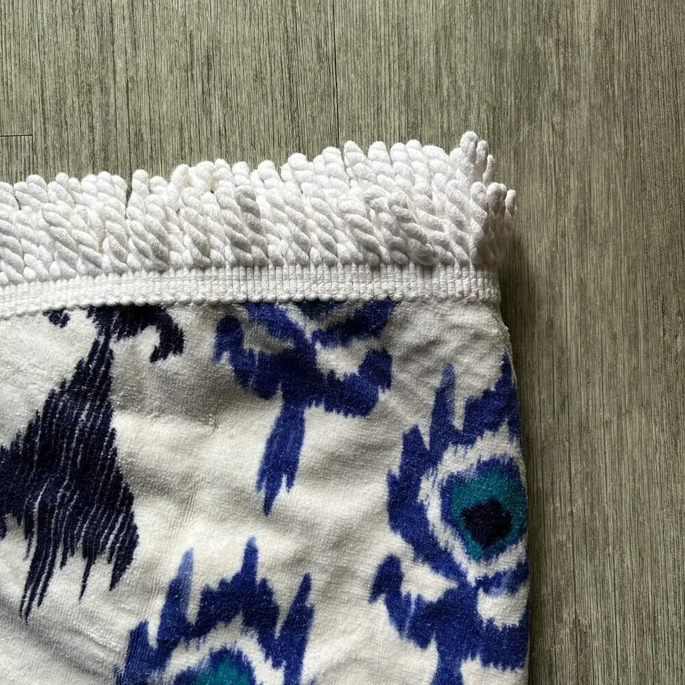 SwimZip White/Blue Ikat Pattern Fringe Trim Terry Cloth Round Beach Towel 60”